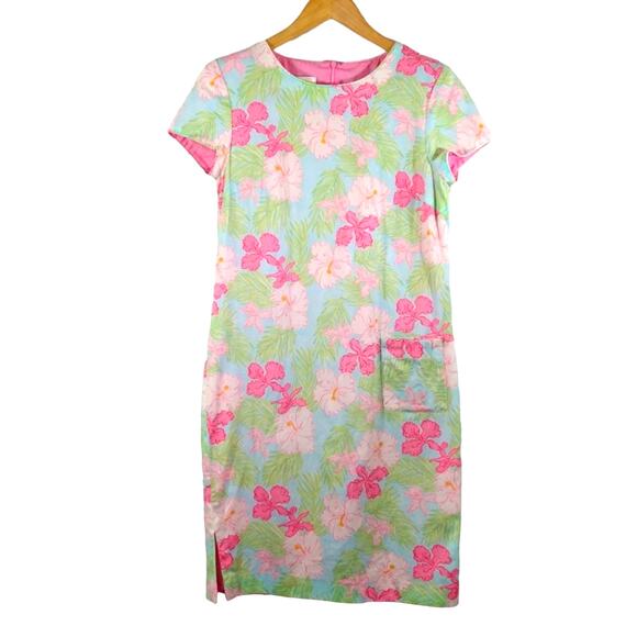 W Talbots Vintage VTG Blue Green Pink Tropical Hawaiian Floral Pocket Dress 6 - Picture 1 of 10